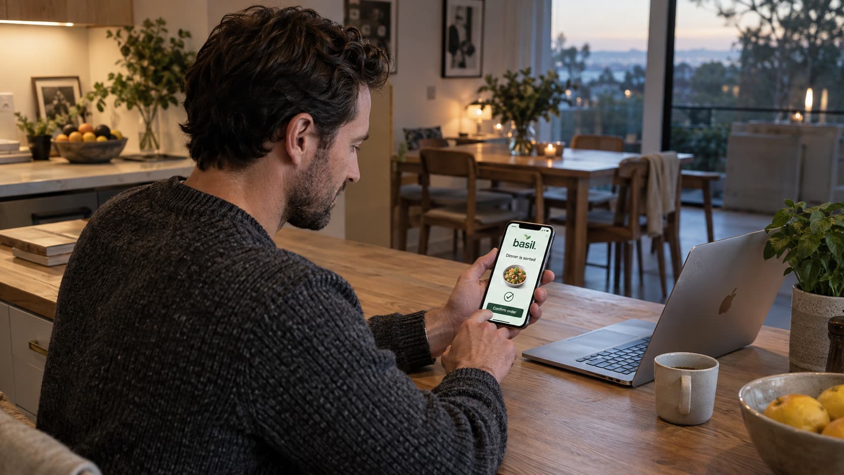 A man at his kitchen counter smiles as he taps through a bowl order on his phone at his kitchen table.