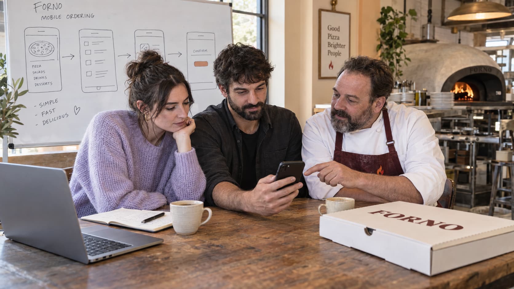 A designer, an engineer, and a chef review an ordering app prototype on a phone in front of a whiteboard of screen sketches.