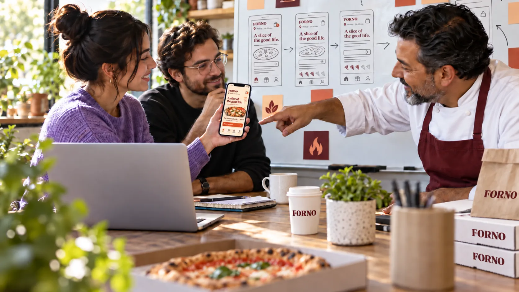 A designer, an engineer, and a chef review an ordering app prototype on a phone in front of a whiteboard of screen sketches.