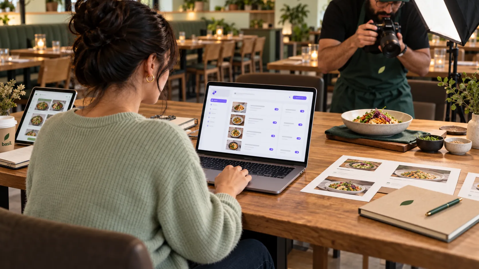 A restaurant manager edits a structured menu on her laptop after hours while a colleague photographs a dish nearby.