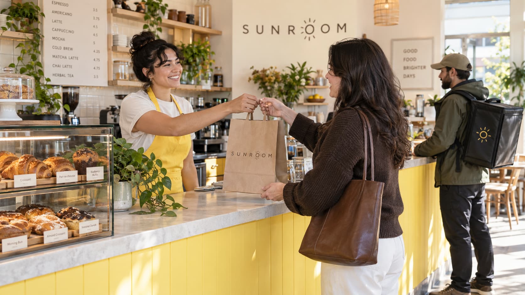 A café worker in a mustard-yellow cap hands a takeout bag to a customer checking her order in the café’s app, as a delivery courier waits nearby.