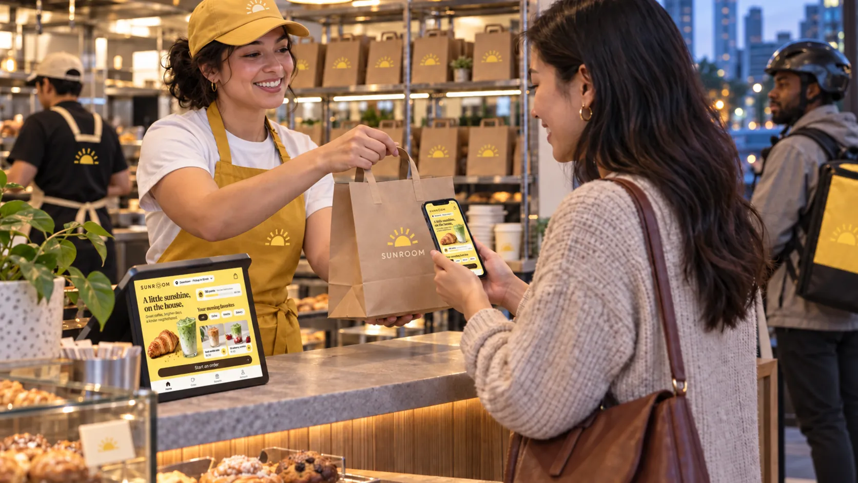 A café worker in a mustard-yellow cap hands a takeout bag to a customer checking her order in the café’s app, as a delivery courier waits nearby.