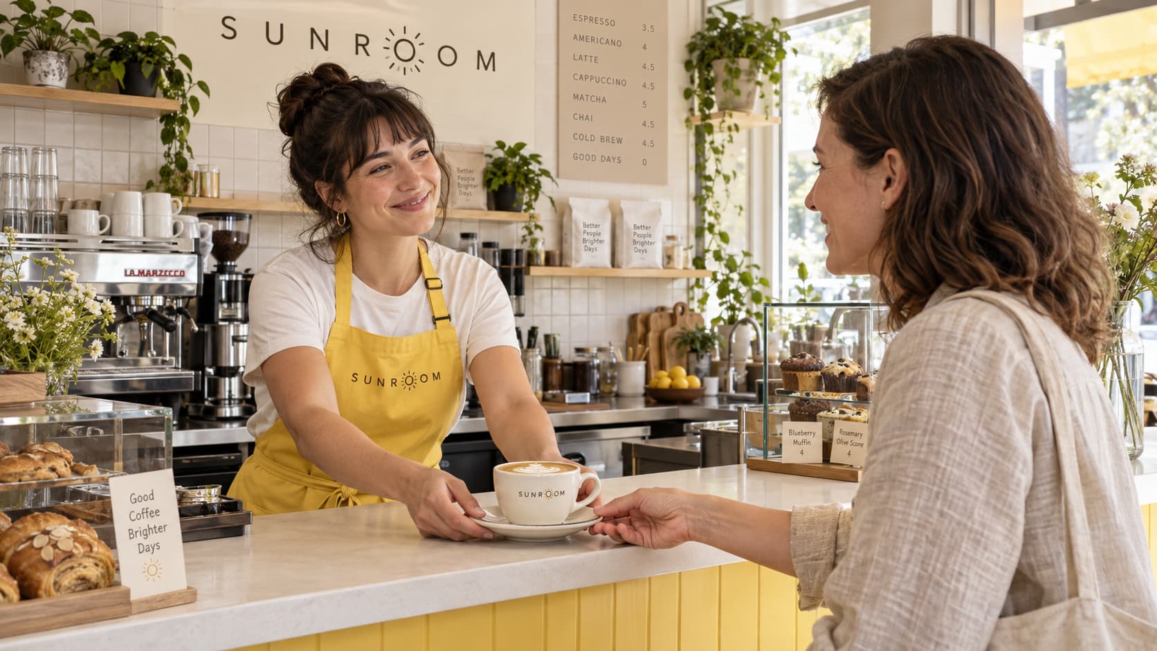 A barista in a mustard-yellow apron hands a latte to a regular customer, her phone showing a rewards card on the counter.