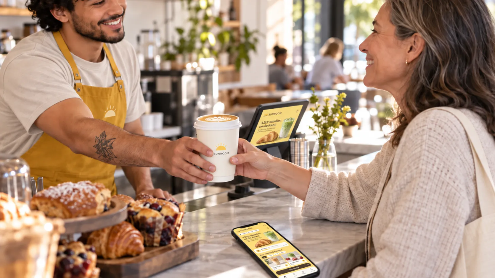 A barista in a mustard-yellow apron hands a latte to a regular customer, her phone showing a rewards card on the counter.