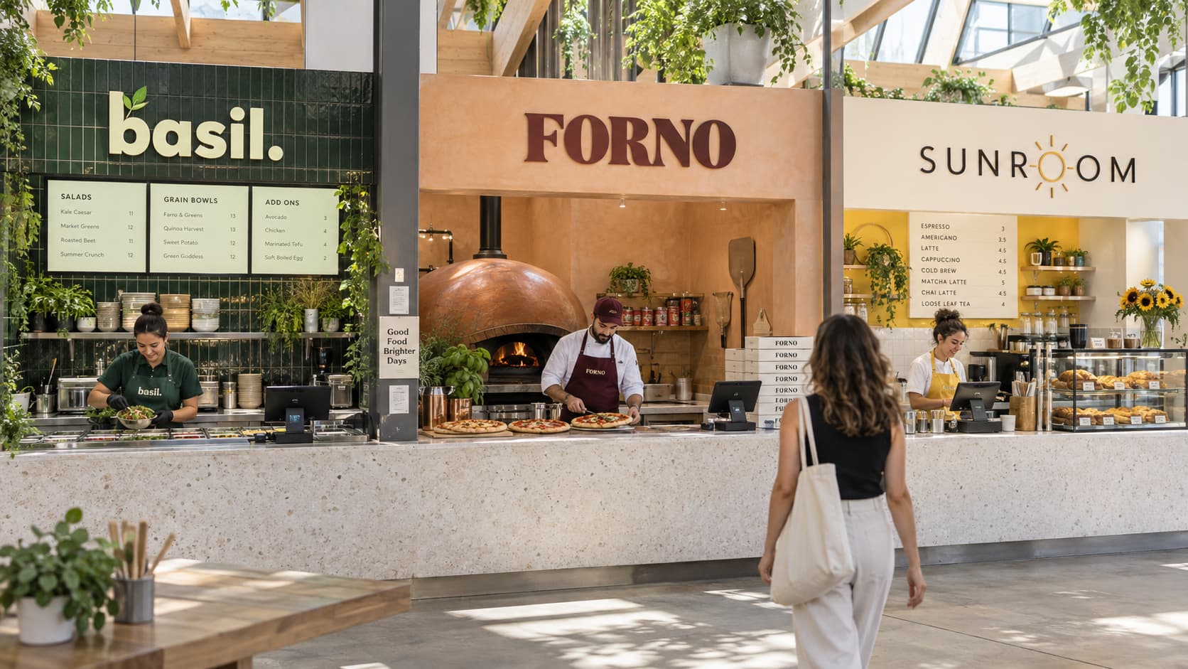 A customer orders on her phone in a food hall with a salad bar, a wood-fired pizza counter, and a café, each run by its own brand on the same ordering tablets.