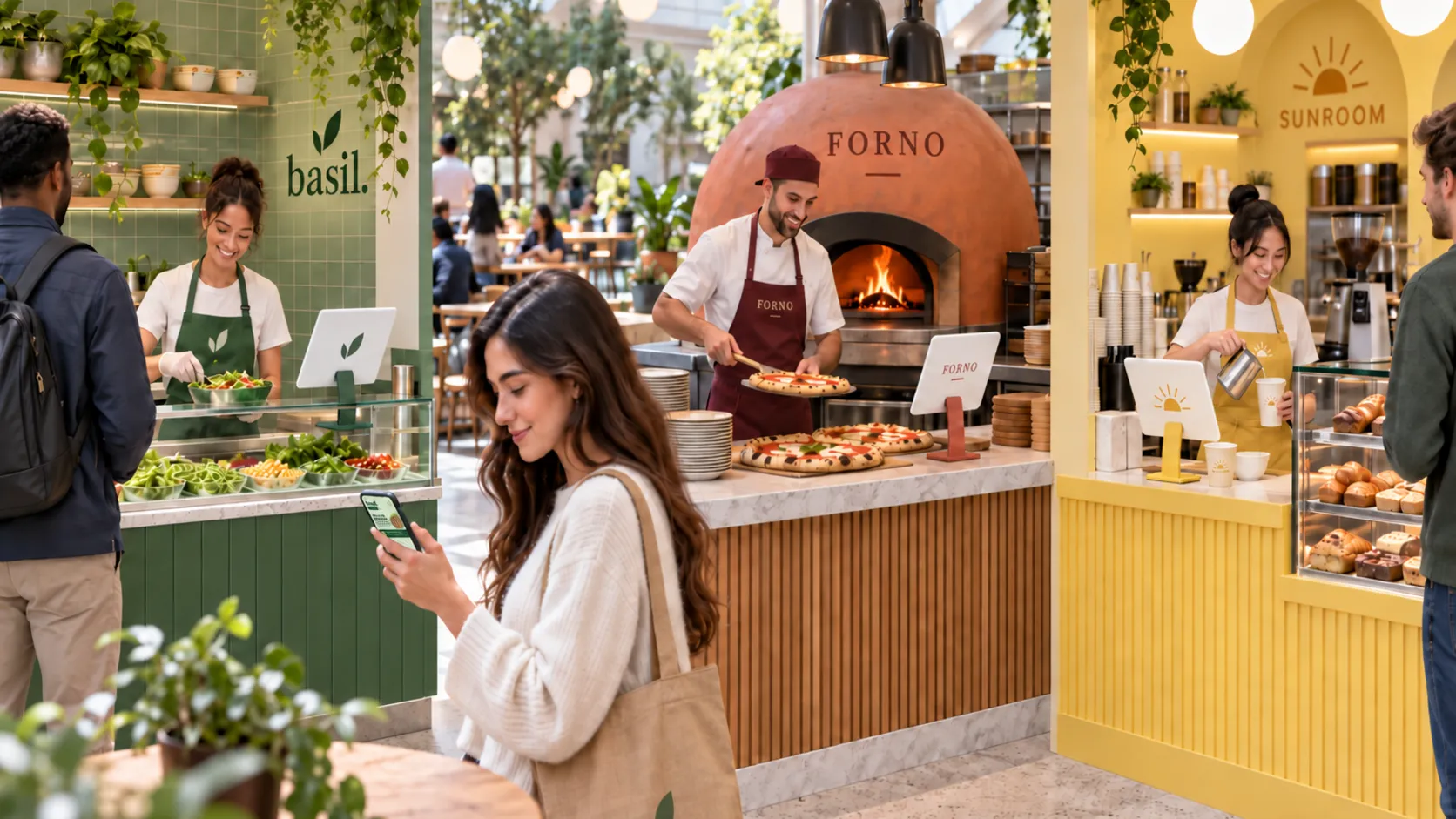A customer orders on her phone in a food hall with a salad bar, a wood-fired pizza counter, and a café, each run by its own brand on the same ordering tablets.