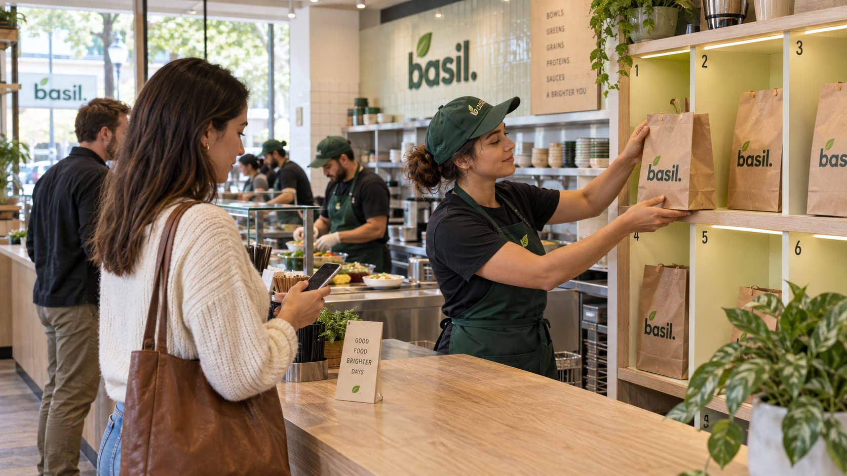 A worker in a green cap places a bag into a lit pickup shelf as a customer checks her order status on her phone.