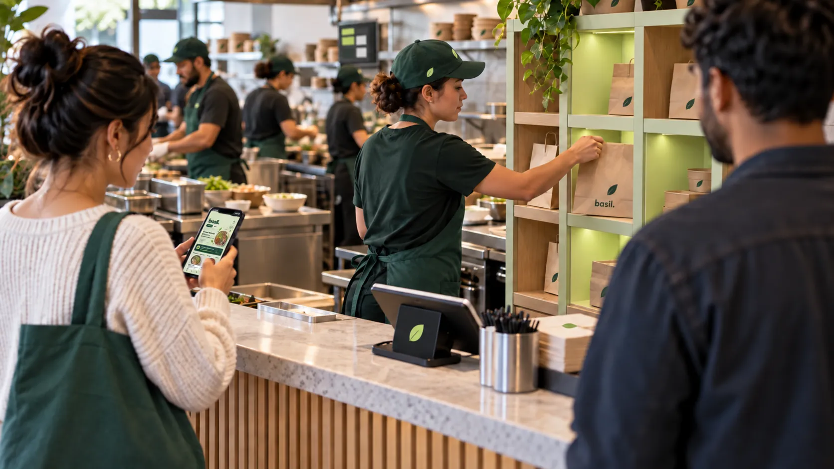 A worker in a green cap places a bag into a lit pickup shelf as a customer checks her order status on her phone.