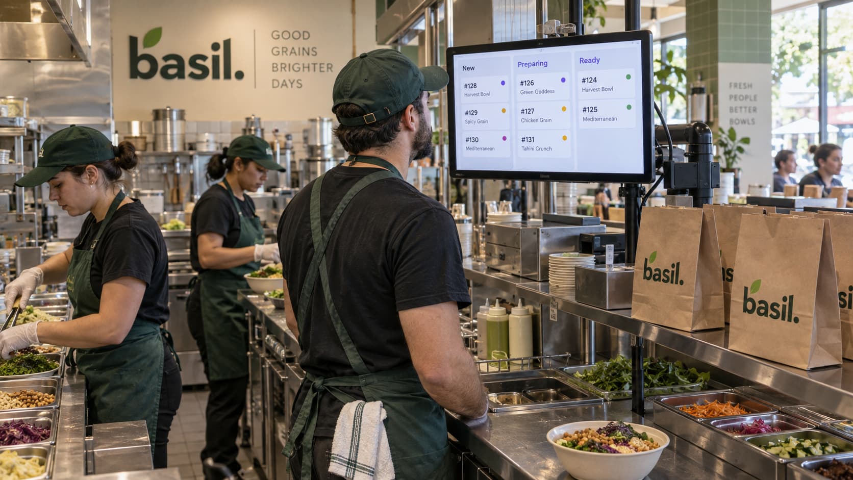 A line cook reads a kitchen display full of orders from several channels while teammates assemble bowls and pack takeout bags behind him.