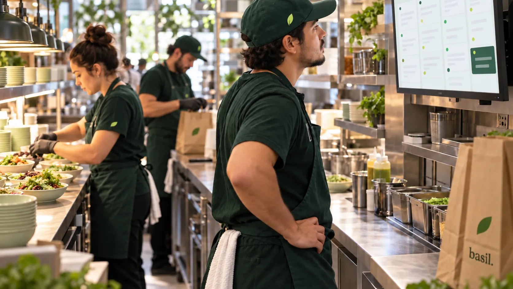 A line cook reads a kitchen display full of orders from several channels while teammates assemble bowls and pack takeout bags behind him.