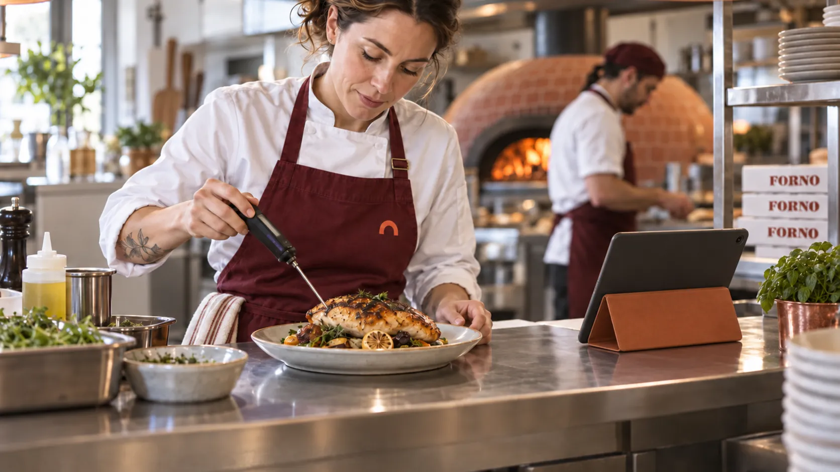 A chef checks the temperature of a dish with a probe thermometer while a tablet log waits beside her.