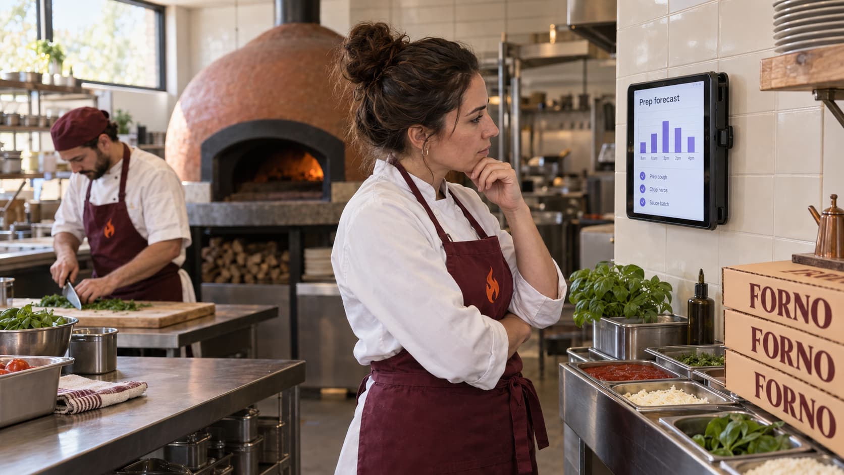 A head chef in a burgundy apron checks a prep plan on a wall-mounted tablet while a line cook chops herbs.