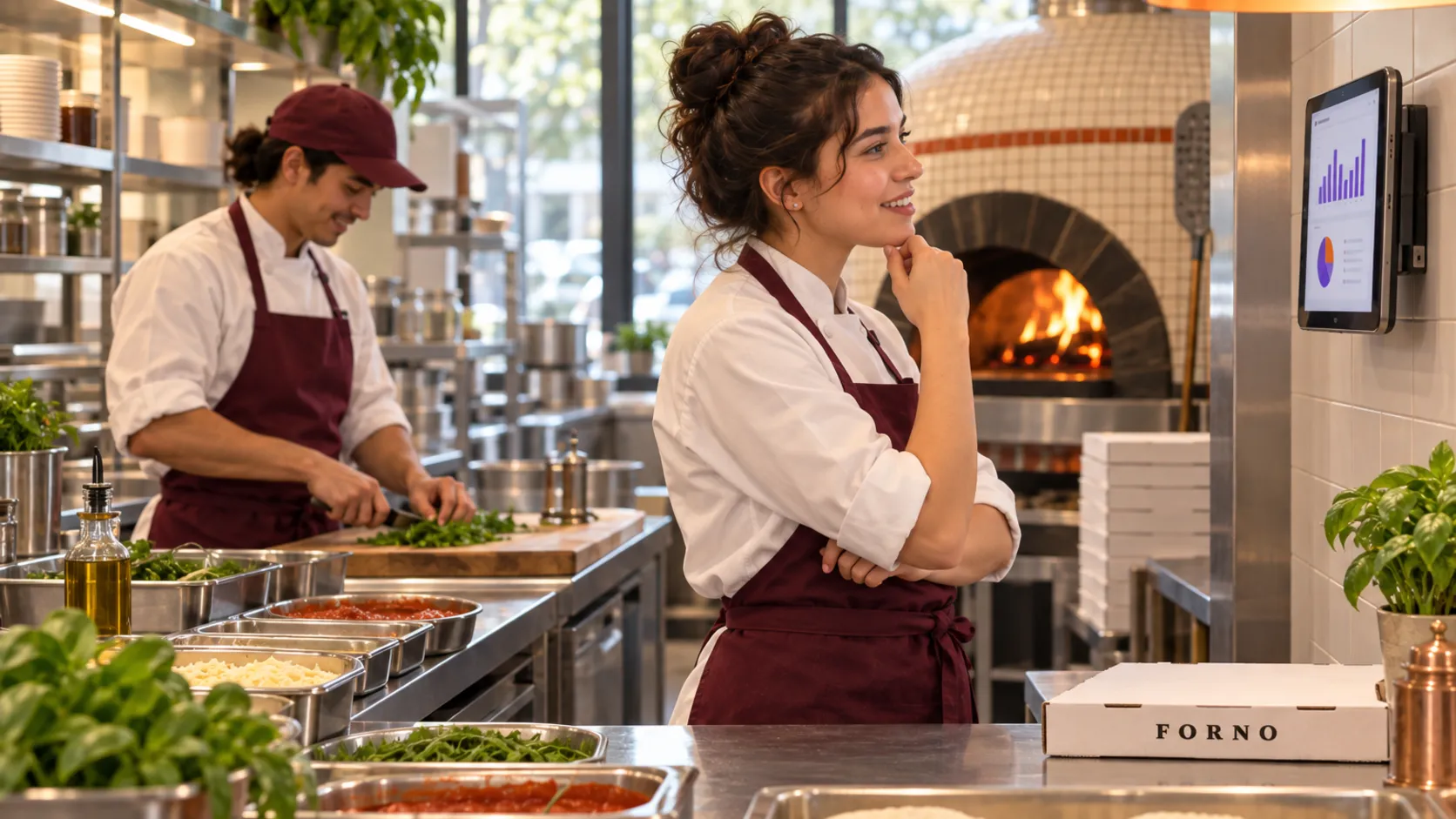 A head chef in a burgundy apron checks a prep plan on a wall-mounted tablet while a line cook chops herbs.