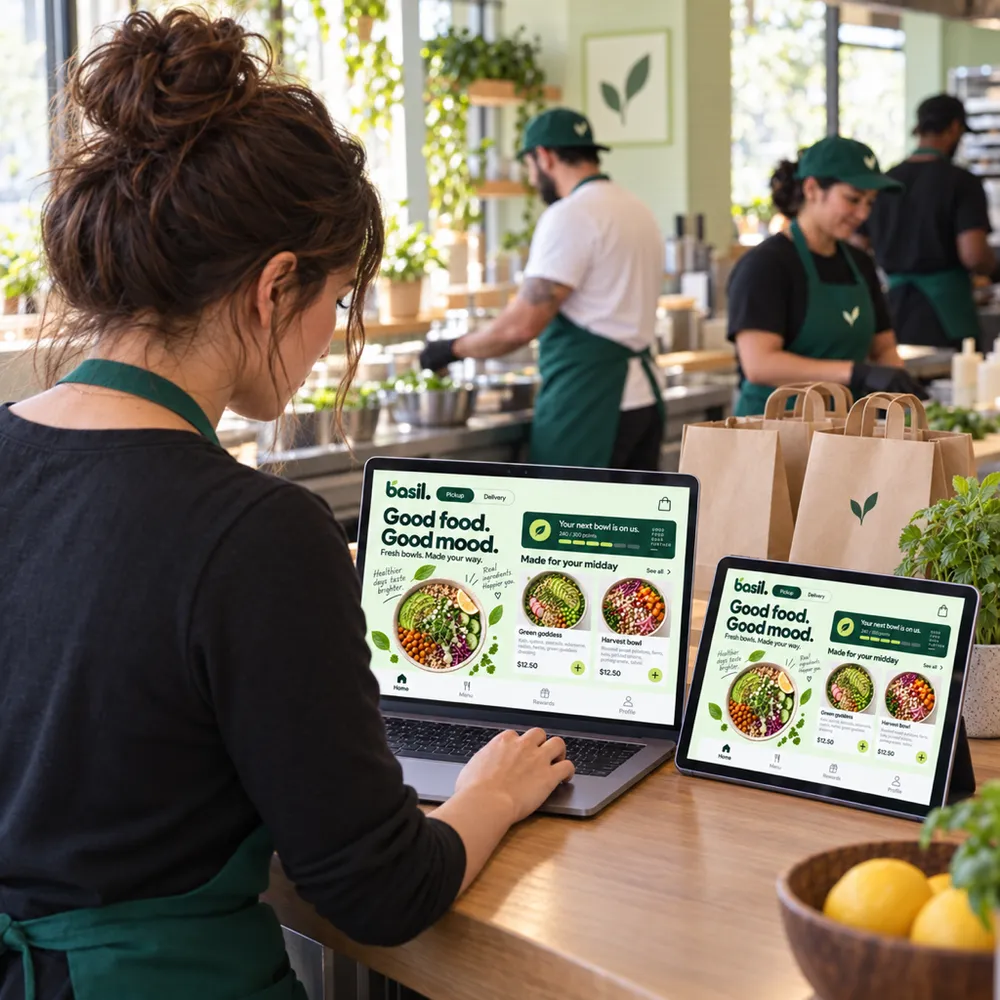 A restaurant manager comparing the same menu on a laptop and a tablet at the front counter.