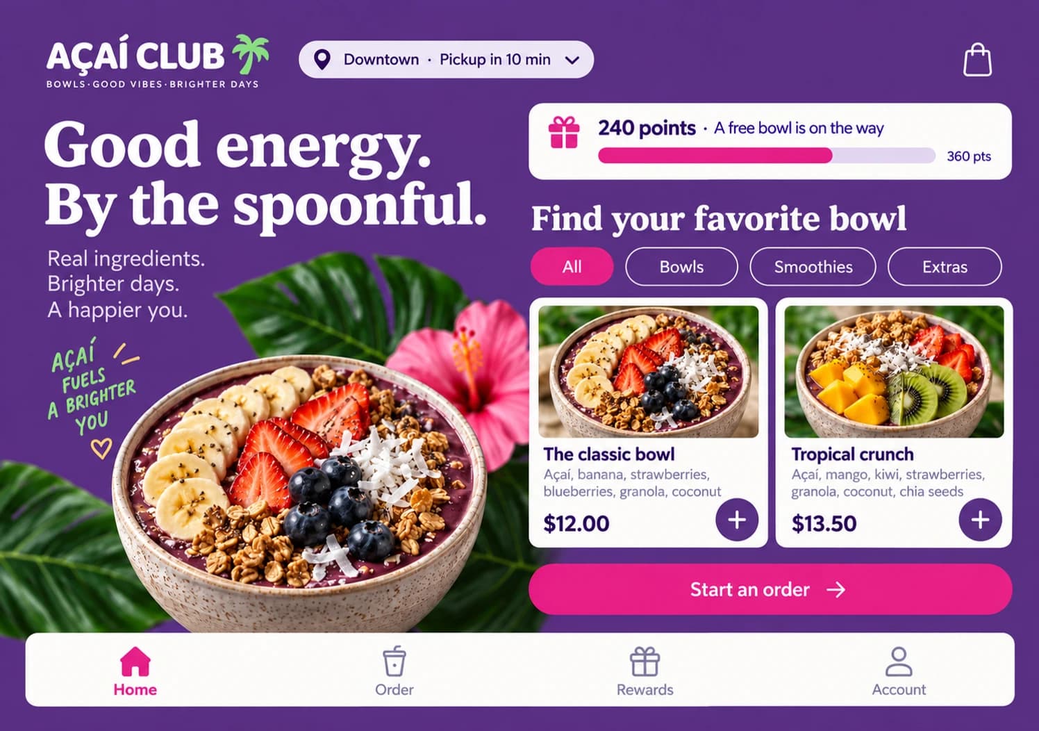 Fictional açaí shop open foldable app mockup showing ordering and rewards