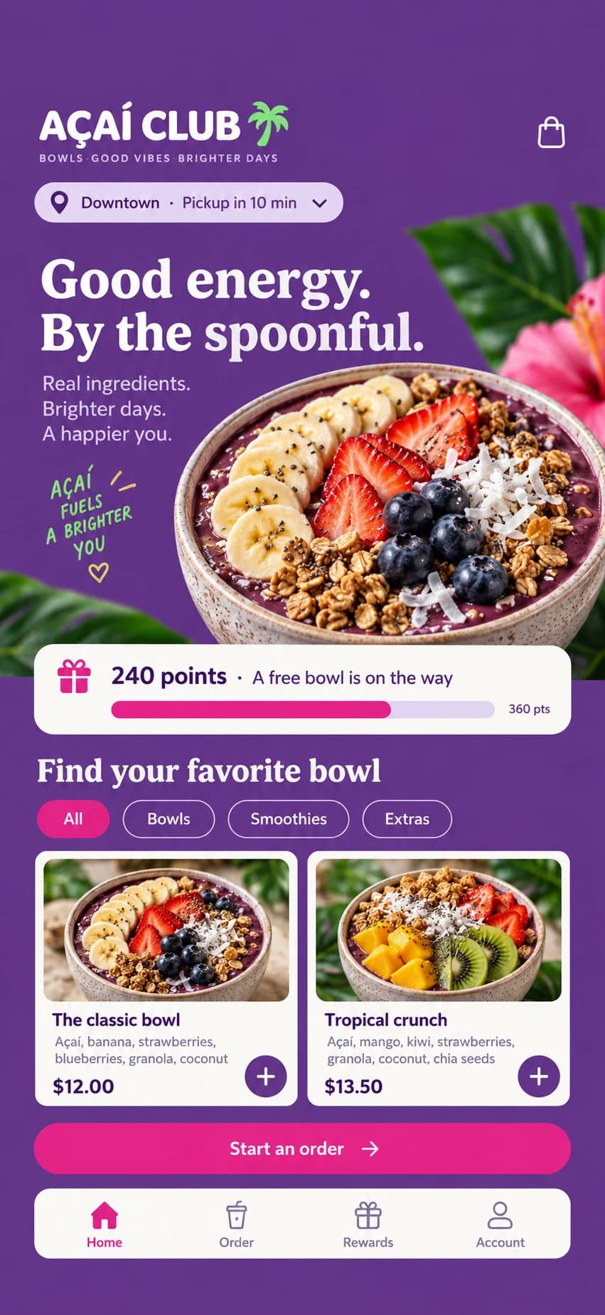 Fictional açaí shop phone app mockup showing ordering and rewards