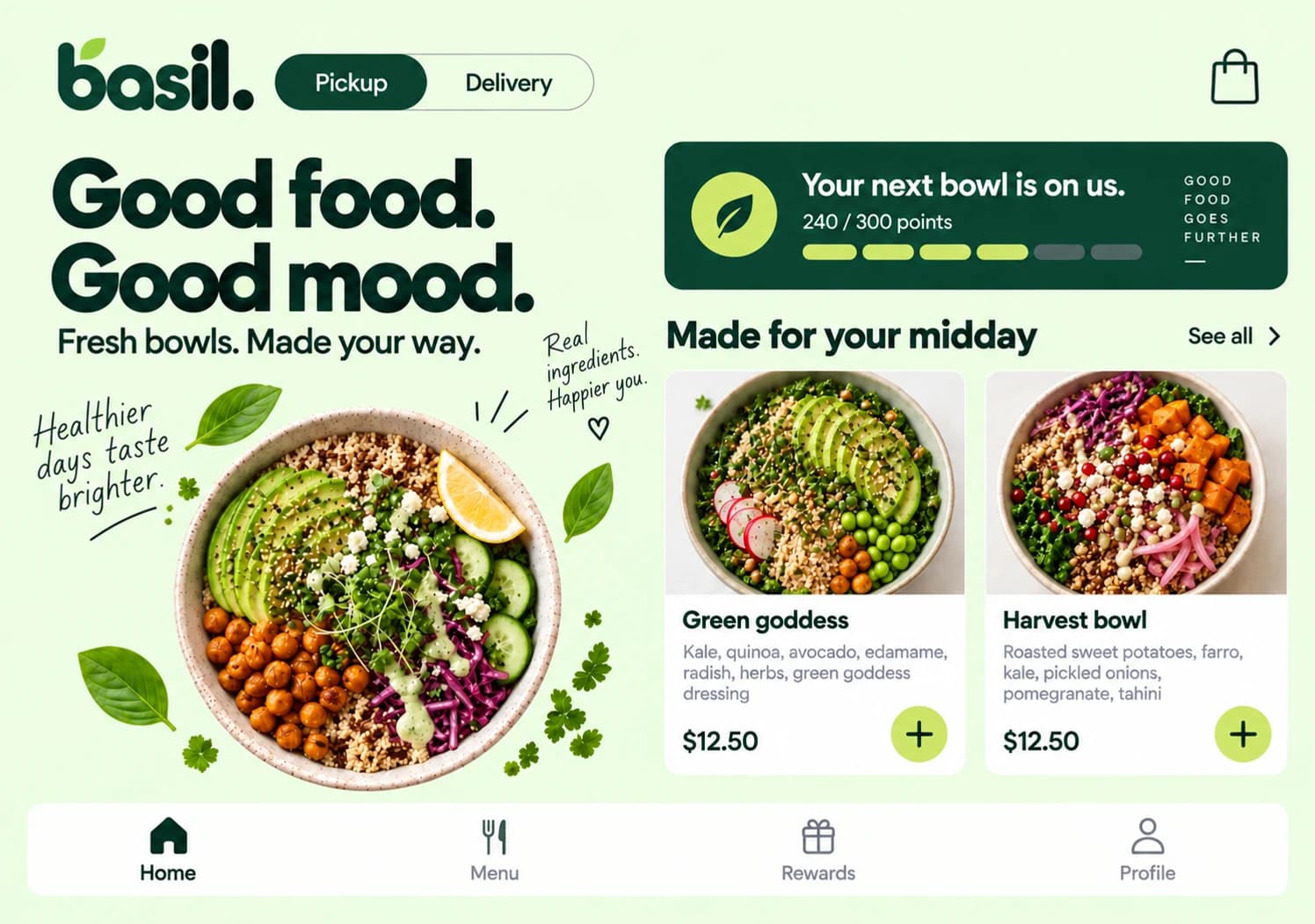 Fictional fresh bowls open foldable app mockup showing ordering and rewards