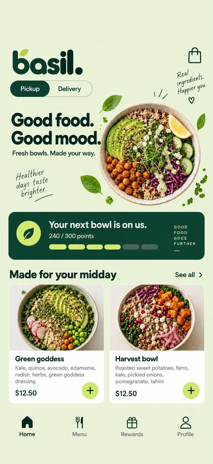 Fictional fresh bowls phone app mockup showing ordering and rewards