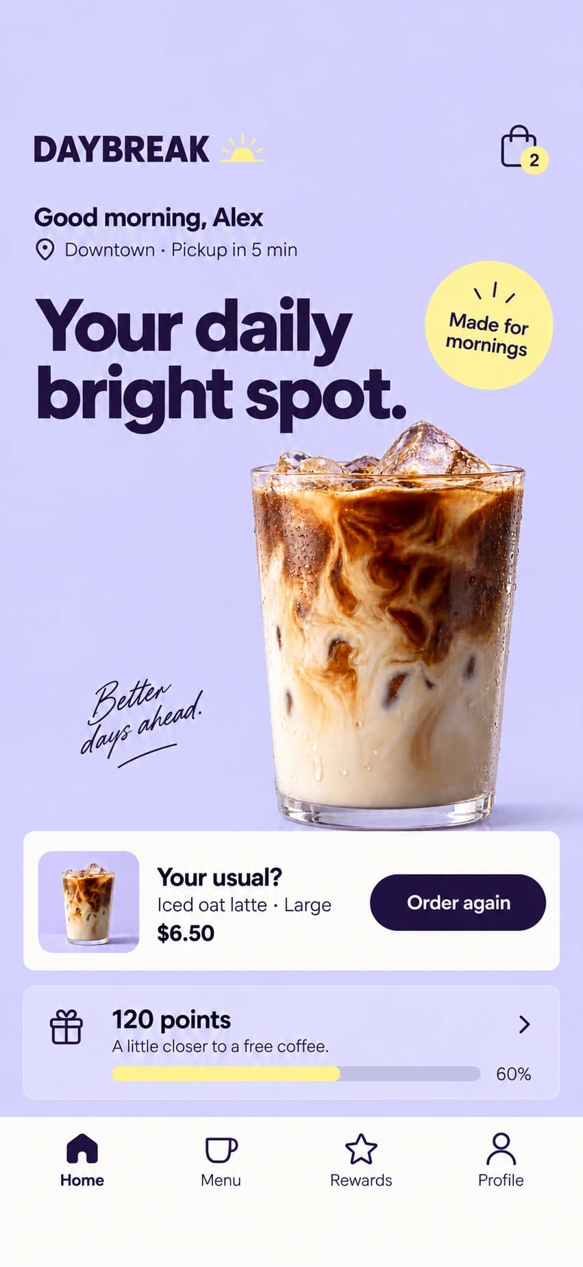Fictional coffee shop phone app mockup showing ordering and rewards