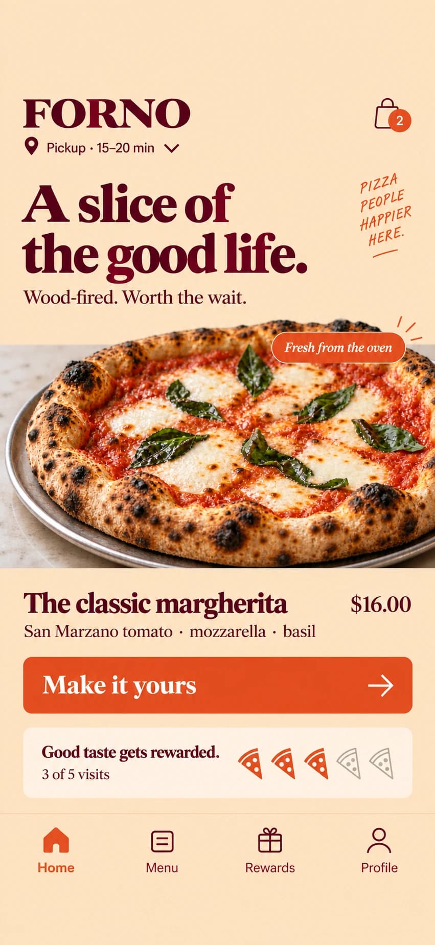 Fictional pizzeria phone app mockup showing ordering and rewards