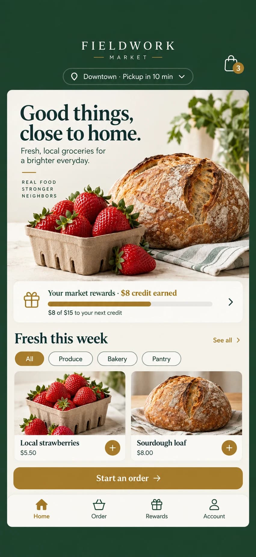 Fictional grocery phone app mockup showing ordering and rewards