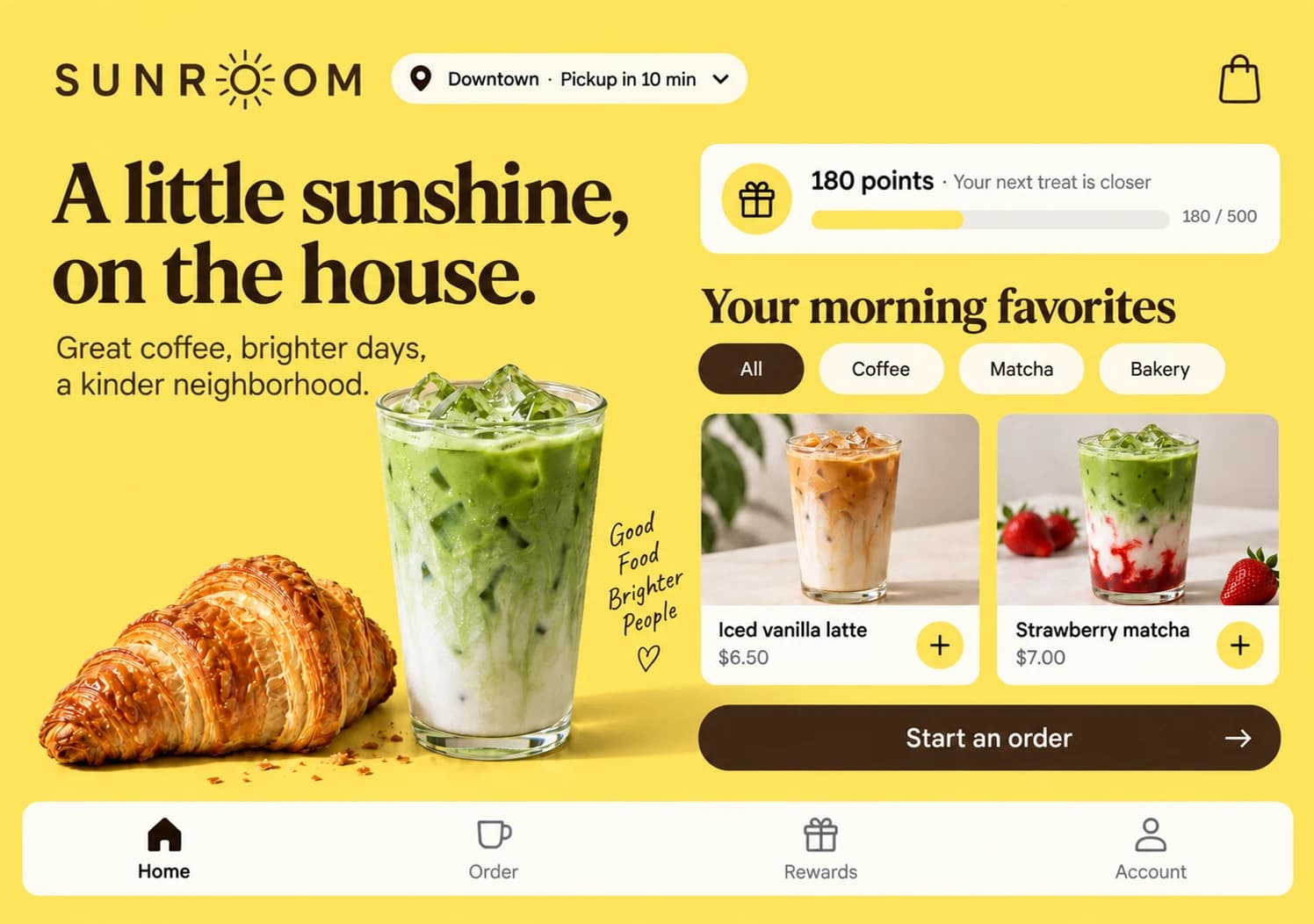 Fictional café open foldable app mockup showing ordering and rewards