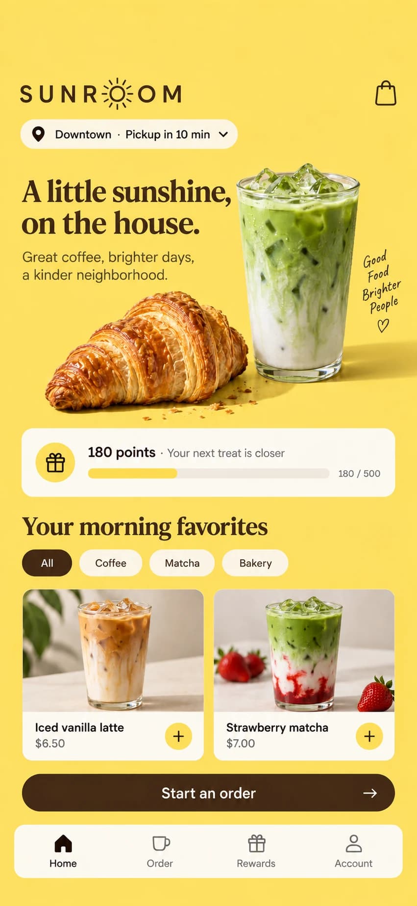 Fictional café phone app mockup showing ordering and rewards